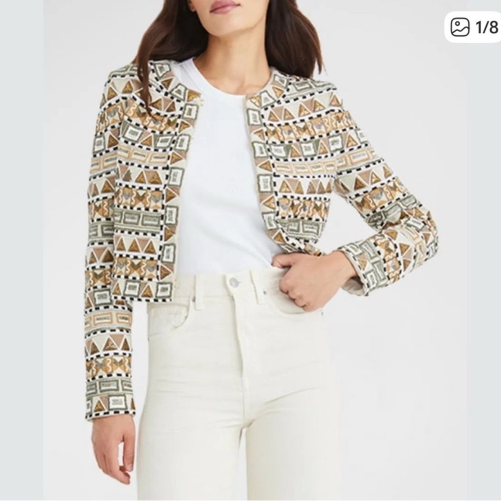 Veronica Beard Cream, Tan & Olive Patterned Cropped Blazer (Gently used)